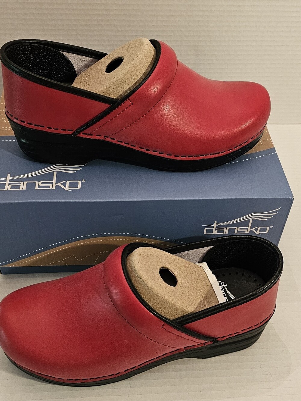 Dansko Red Leather Slip-On Clogs with Black Trim - Picture 5 of 15